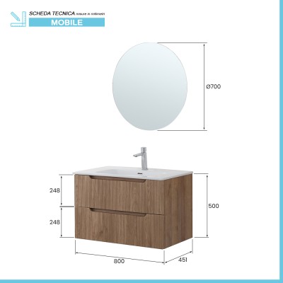 Scheda tecnica Mobile bagno sospeso 80 rovere cannettato doppi cassetto lavabo e specchio Wise