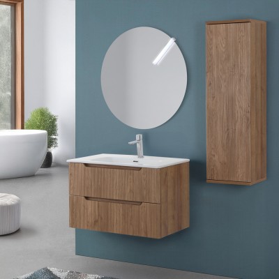 Composizione bagno sospesa 80 rovere cannettato doppi cassetto lavabo e specchio Wise