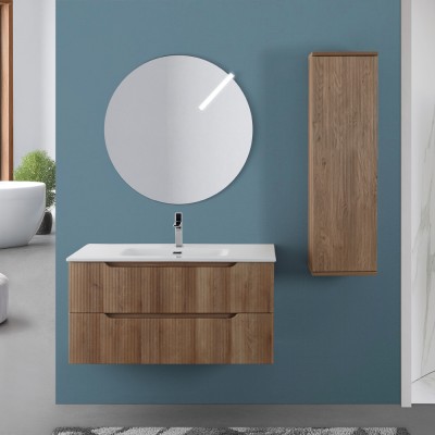 Armadio bagno sospeso 33 cm rovere cannettato con ripiani Wise