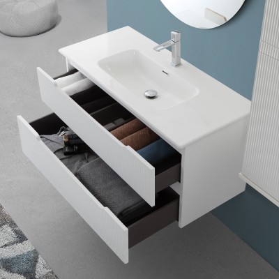 Cassetti aperti Mobile bagno sospeso 100 bianco cannettato doppi cassetto lavabo e specchio Wise