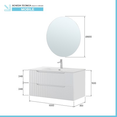 Scheda tecnica Mobile bagno sospeso 100 bianco cannettato doppi cassetto lavabo e specchio Wise