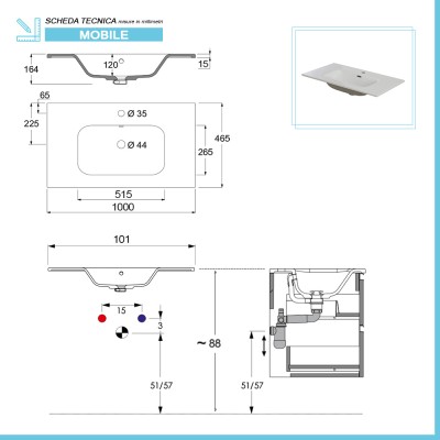 Scheda tecnica lavabo Mobile bagno sospeso 100 bianco cannettato doppi cassetto Wise