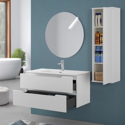 Foto ambientata Mobile bagno sospeso 100 bianco cannettato doppi cassetto lavabo e specchio Wise