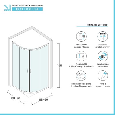 Scheda tecnica Box doccia semicircolare 90x90 cm cromo scorrevole in cristallo trasparente Tay