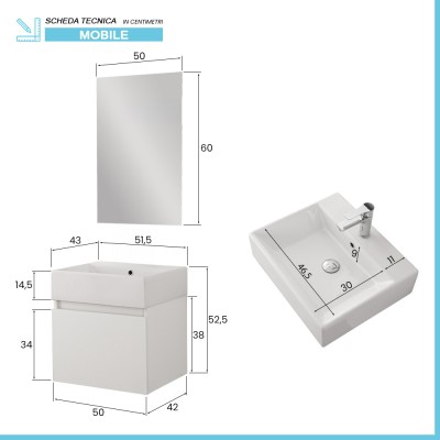 Scheda tecnica Mobiletto bagno sospeso 50 cm salvaspazio bianco 1 anta Kira
