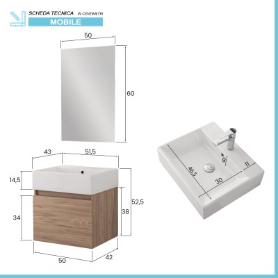 Scheda tecnica Mobiletto bagno sospeso 50 cm salvaspazio rovere 1 anta Kira