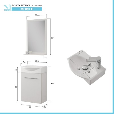 Scheda tecnica Mobiletto bagno sospeso 39 cm mini salvaspazio bianco 1 anta Elys