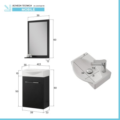 Scheda tecnica Mobiletto bagno sospeso 39 cm mini salvaspazio nero 1 anta Elys