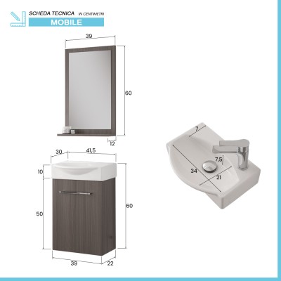 Scheda tecnica Mobiletto bagno sospeso 39 cm mini salvaspazio rovere scuro 1 anta Elys