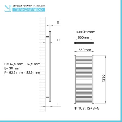 Scheda tecnica Termoarredo scaldasalviette 550x1230 bianco con interasse 50 cm Sanremo
