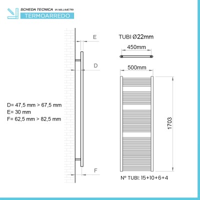 Scheda tecnica Termoarredo scaldasalviette 500x1703 bianco con interasse 45 cm Sanremo