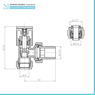 Scheda tecnica Valvole termoarredo tonde nere con attacco G 1/2 e raccordo rame da 12 mm