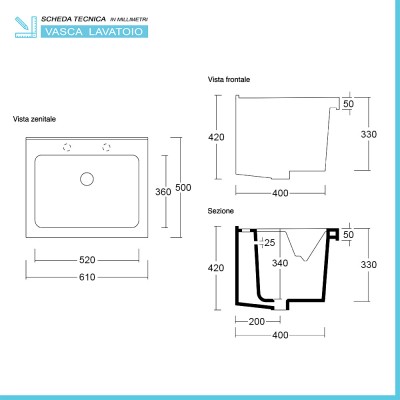 Scheda tecnica pilozzo Mobile lavatoio 61x50 cm bianco opaco con kit scarico