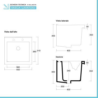 Scheda tecnica pilozzo Mobile lavatoio 45x51 cm bianco opaco con vasca in ceramica e kit scarico