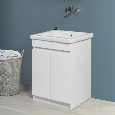 Mobile lavatoio 61x50 cm bianco opaco con vasca in ceramica e strofinatoio