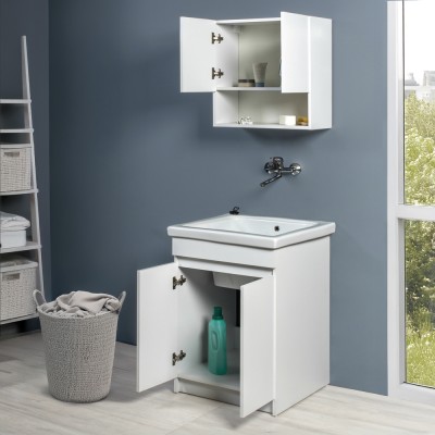 Sportelli aperti Mobile lavatoio 61x50 cm bianco opaco con vasca in ceramica e strofinatoio