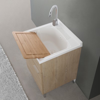 Mobile lavanderia 50x49,7 cm rovere con vasca in ceramica e asse lavapanni