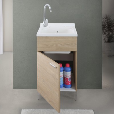 Anta aperta Mobile lavatoio 50x49,7 cm rovere con vasca in ceramica e asse lavapanni