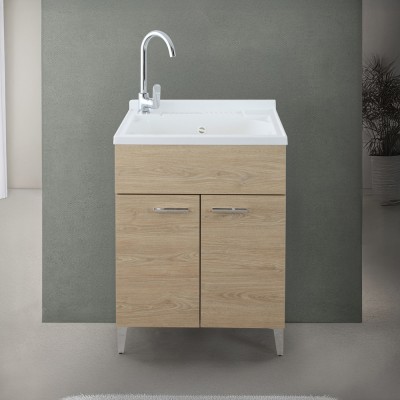 Mobile lavatoio 59,3x49,8 cm rovere con vasca in ceramica e asse lavapanni