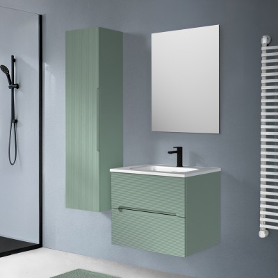 Pensile Mobile bagno sospeso 60 verde cannettato 2 cassetti lavabo e specchio Rigo