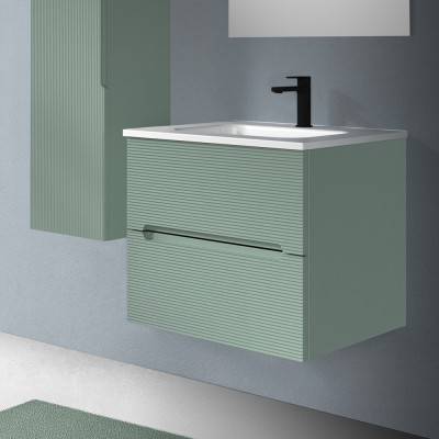 Cassetti chiusi Mobile bagno sospeso 60 verde cannettato 2 cassetti lavabo e specchio Rigo