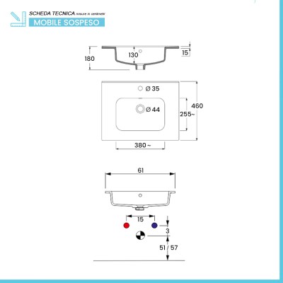 Informazioni tecniche Mobile bagno sospeso 60 lava cannettato 2 cassetti lavabo e specchio Rigo