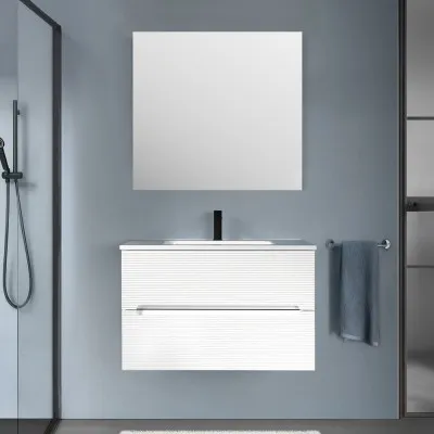 Mobile bagno sospeso 80 bianco cannettato 2 cassetti lavabo e specchio Rigo