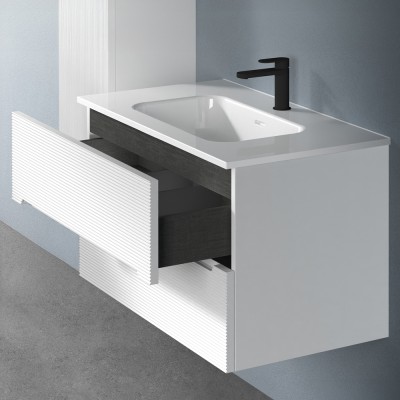 Cassetto aperto Mobile bagno sospeso 80 bianco cannettato 2 cassetti lavabo e specchio Rigo