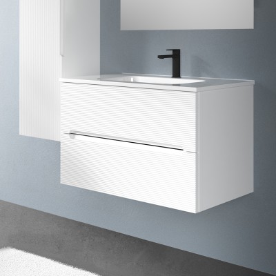 Cassetti chiusi Mobile bagno sospeso 80 bianco cannettato 2 cassetti lavabo e specchio Rigo