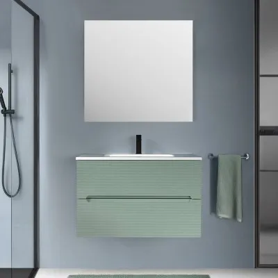 Mobile bagno sospeso 80 verde cannettato 2 cassetti lavabo e specchio Rigo