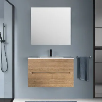 Mobile bagno sospeso 80 rovere cannettato 2 cassetti lavabo e specchio Rigo