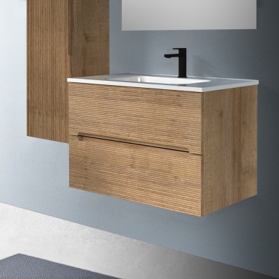 Cassetti chiusi Mobile bagno sospeso 80 rovere cannettato 2 cassetti lavabo e specchio Rigo