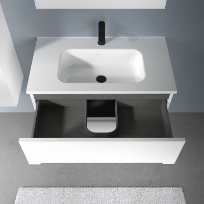 Mobiletto bagno sospeso 100 bianco cannettato 2 cassetti lavabo e specchio Rigo