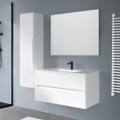 Pensile Mobile bagno sospeso 100 bianco cannettato 2 cassetti lavabo e specchio Rigo