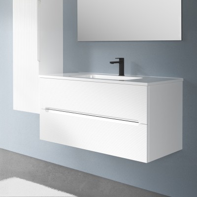 Cassetti chiusi Mobile bagno sospeso 100 bianco cannettato 2 cassetti lavabo e specchio Rigo