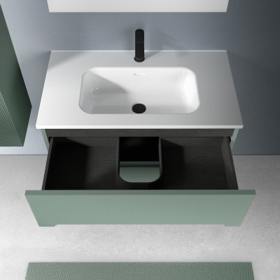 Mobiletto bagno sospeso 100 verde cannettato 2 cassetti lavabo e specchio Rigo