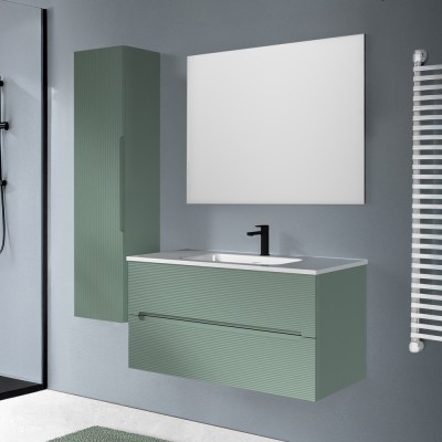 Pensile Mobile bagno sospeso 100 verde cannettato 2 cassetti lavabo e specchio Rigo