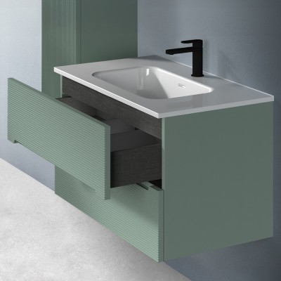 Cassetto aperto Mobile bagno sospeso 100 verde cannettato 2 cassetti lavabo e specchio Rigo