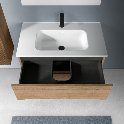 Mobiletto bagno sospeso 100 rovere cannettato 2 cassetti lavabo e specchio Rigo