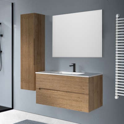 Pensile Mobile bagno sospeso 100 rovere cannettato 2 cassetti lavabo e specchio Rigo