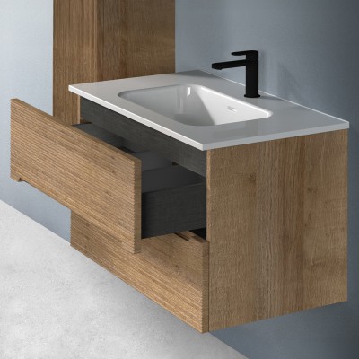 Cassetto aperto Mobile bagno sospeso 100 rovere cannettato 2 cassetti lavabo e specchio Rigo