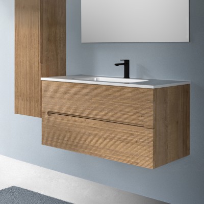 Cassetti chiusi Mobile bagno sospeso 100 rovere cannettato 2 cassetti lavabo e specchio Rigo