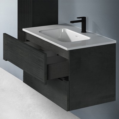 Cassetto aperto Mobile bagno sospeso 100 lava cannettato 2 cassetti lavabo e specchio Rigo