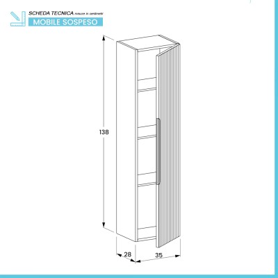 Scheda tecnica Colonna bagno sospesa 35 cm bianco opaco cannettato con ripiani Rigo