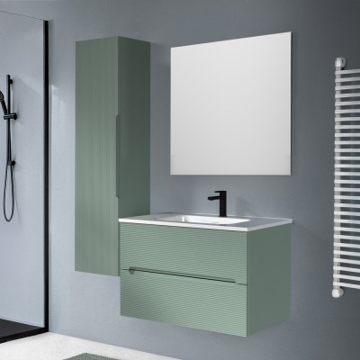 Composizione completa Colonna bagno sospesa 35 cm verde opaco cannettato con ripiani Rigo