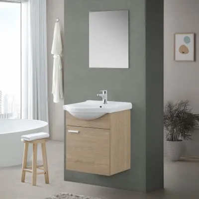 Mobile bagno sospeso 55 cm Rovere Dolomite completo di lavabo e specchio Desya