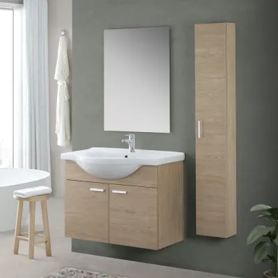 Mobile bagno sospeso 80 cm Rovere Dolomite completo di lavabo e specchio Desya