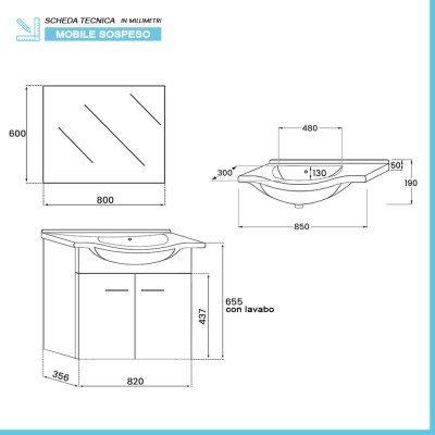 Scheda tecnica Mobile bagno sospeso 80 cm Rovere Dolomite completo di lavabo e specchio Desya