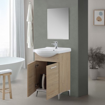 Ante aperte Mobile bagno a terra 55 cm Rovere Dolomite completo di lavabo e specchio Desya