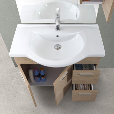 Ante aperte Mobile bagno a terra 85 cm rovere dolomite con pensile su specchio LED Desya